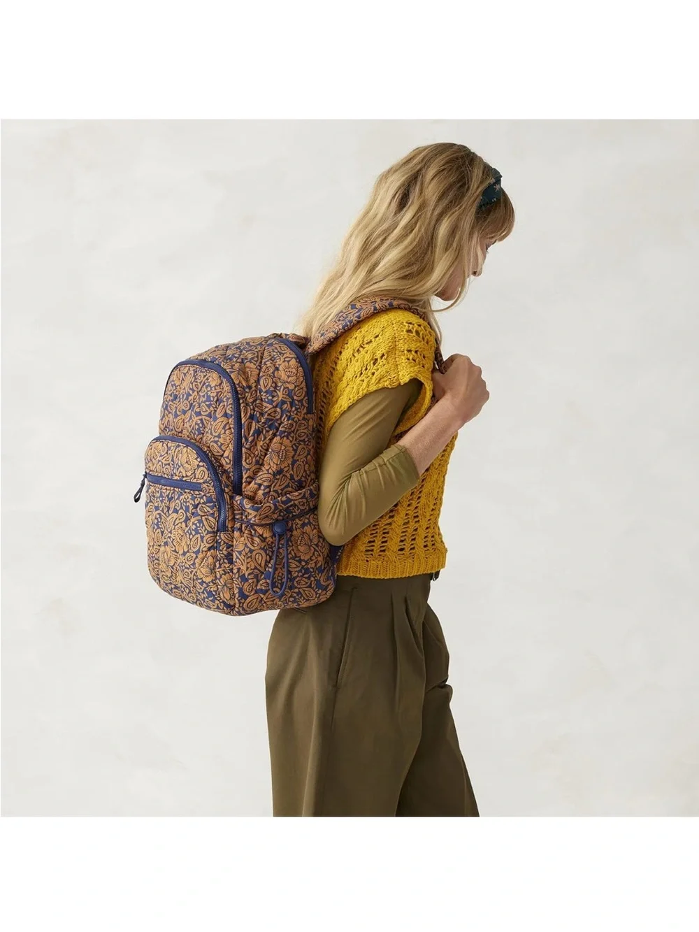 Vera Bradley Quilted Floral  Paisley Backpack in Navy & Tan